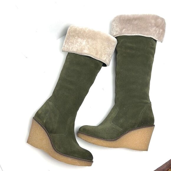 Skinnycalf Italy Olive Suede Shearling Over The Knee Wedge Boots US 8,5-9 - Picture 5 of 16